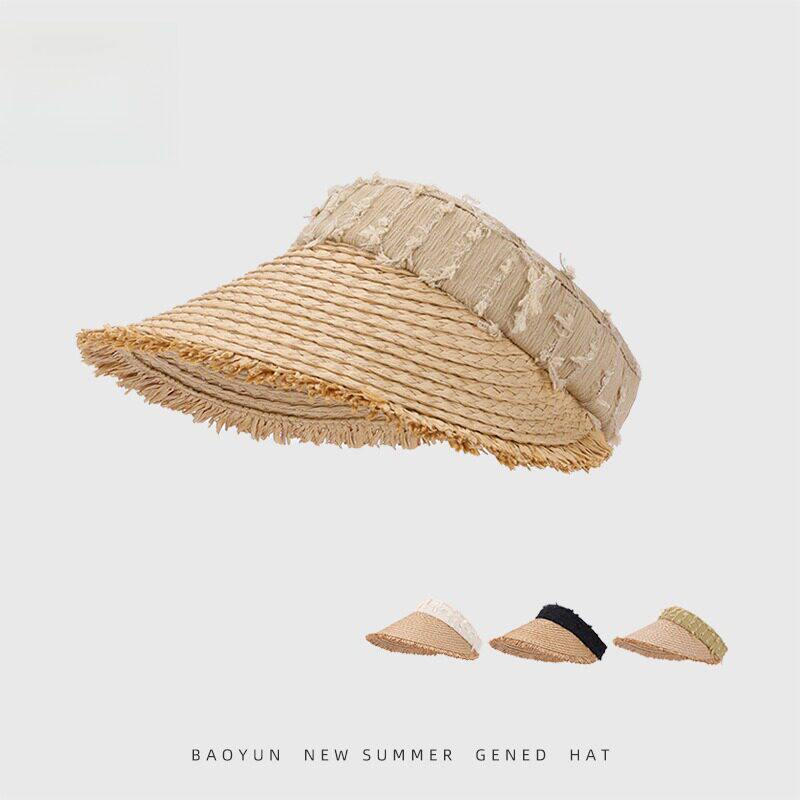夏季遮阳防晒空顶草帽女户外大檐遮阳帽纯色草编沙滩度假太阳帽子