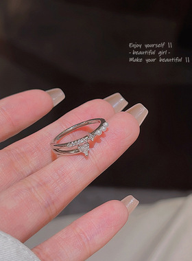 in潮高级设计感双层锆石爱心戒指女轻奢小众开口珍珠食指戒指环