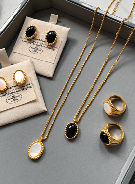真金电镀5个厚法式复古黑玛瑙吊坠项链女轻奢小众白贝母耳环戒指