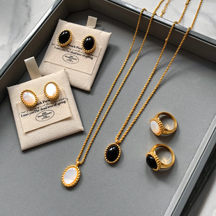 真金电镀5个厚法式复古黑玛瑙吊坠项链女轻奢小众白贝母耳环戒指
