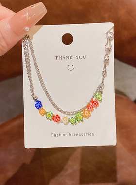 韩国新款小清新简约亚克力花朵钛钢手链女in潮可爱气质双层手串