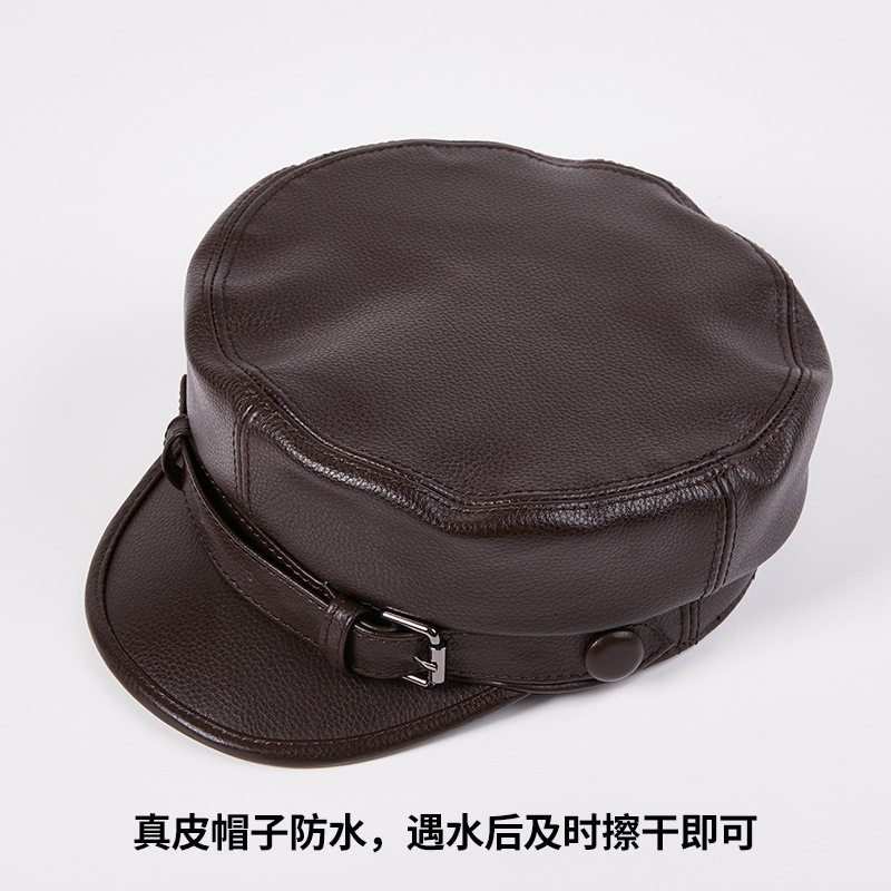 真皮帽子男士秋冬季牛皮复古鸭舌帽潮中老年青年平顶机车贝雷帽女