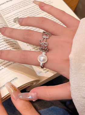 2025年新款花朵开口戒指女轻奢小众冷淡风珍珠食指戒韩系爆款指环