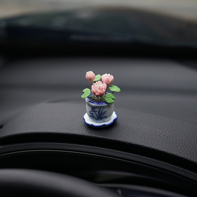 荷塘月色迷你汽车小摆件手工陶土花瓶荷花创意车载车内装饰品创意