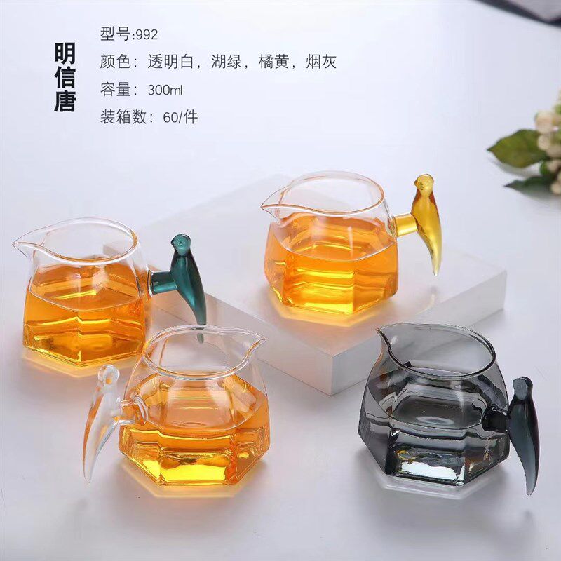 明信唐手造玻璃把手喜上眉梢公道杯分茶器高硼硅耐热玻璃功夫茶器