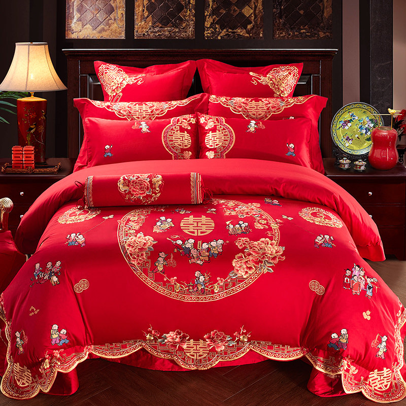 100s支全棉长绒棉百子图婚庆四六十多件套大红色刺绣结婚床上用品