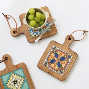 相思木花砖方形餐垫复古感餐桌垫防烫带把手木锅垫菜盘垫茶杯垫