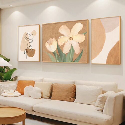 奶油原木风客厅三联装饰画郁金香花肌理艺术画沙发后背景墙壁挂画