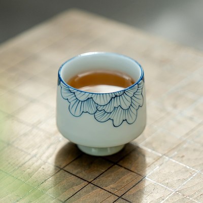 拓土高足茶杯家用纯手绘芙蓉陶瓷主人杯专用喝茶杯品茗杯功夫单杯