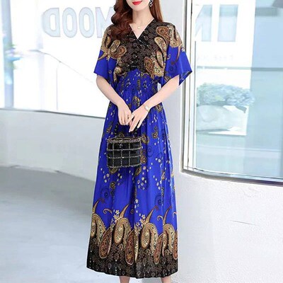 Casual Elegant Retro Style V-neck Tunic Large Swing Printed