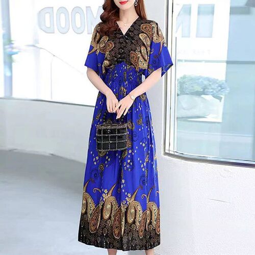 Casual Elegant Retro Style V-neck Tunic Large Swing Printed