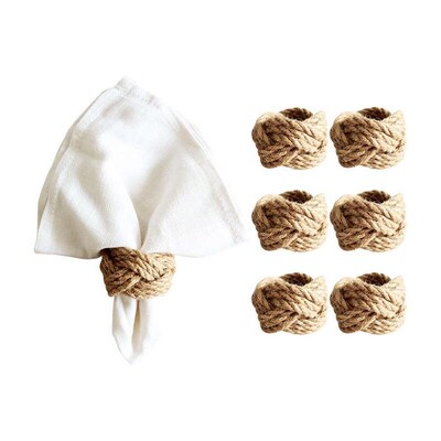 6 Nautical Napkin Rings Linen Rope 亚麻草环编西餐厅餐巾扣