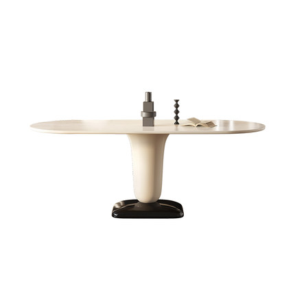 暮奢复古轻法式设计师钢琴烤漆餐桌小户型洞石岩板奶油风椭圆餐桌