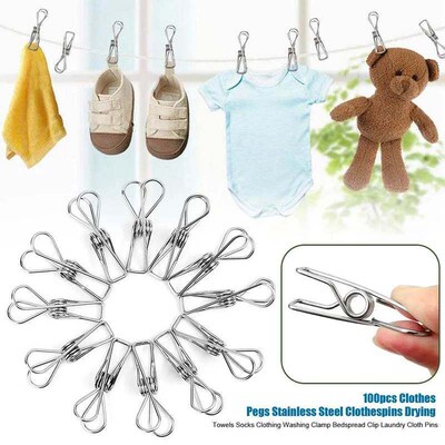 100pcs Clothes Pegs Stainless Steel Clothespins Drying Towel