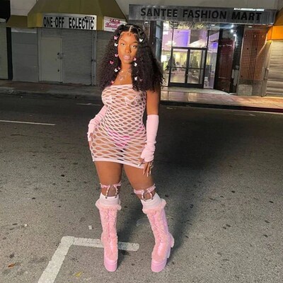 Pink Mini Dress Women Strapless See Through Backless Sleevel
