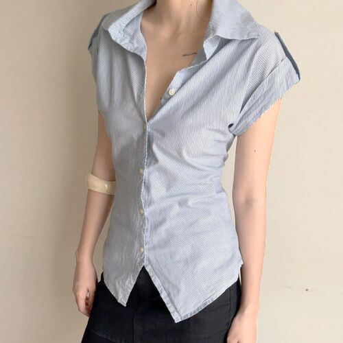 Simple Striped llar Tight Waist Slimming Shirt Casual All-ma