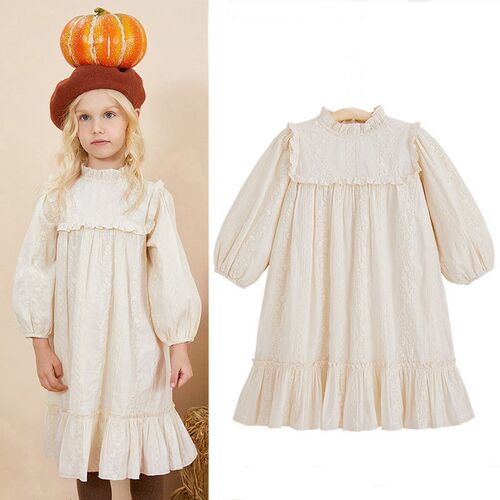0-6Y Lace Princess Girl Dress Solid White Baby Long Sleeve D