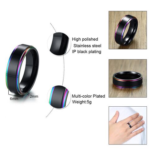 Vnox Black Stainless Steel Basic Ring for Men With Rainbow L