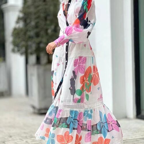 Elegant Flower Print Long Evening Dress Summer Fashion Long
