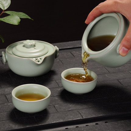 开片可养汝窑快客杯一壶二两杯旅行便携陶瓷功夫茶具装办公茶壶