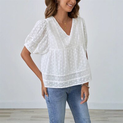 Womens Top 2025v llar Chiffon Stitching Solid lor Short Sle
