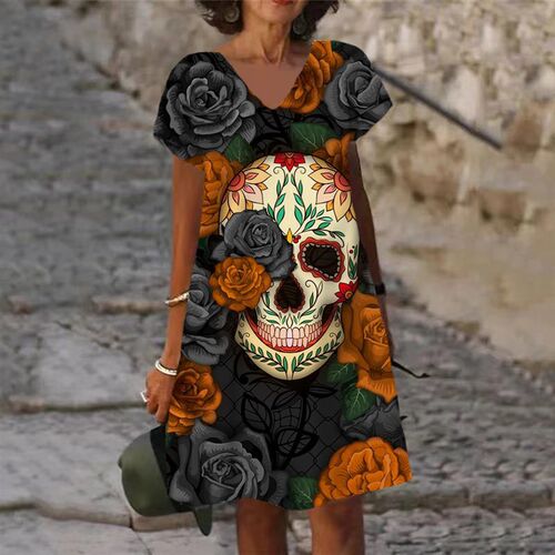 Fashion Ladies A-Line Dress V-Neck Short Sleeves New Skull