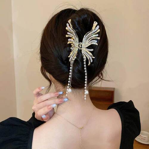 2022 Retro Ladies Butterfly Pearl Tassel Hair Clips Korean E