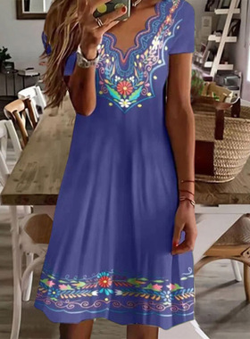 New Elegant Summer Womens Floral Theme Printed Wave V-neck