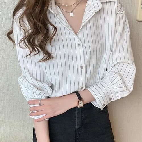 Classic Striped Shirts Women Spring Autumn Polo-neck