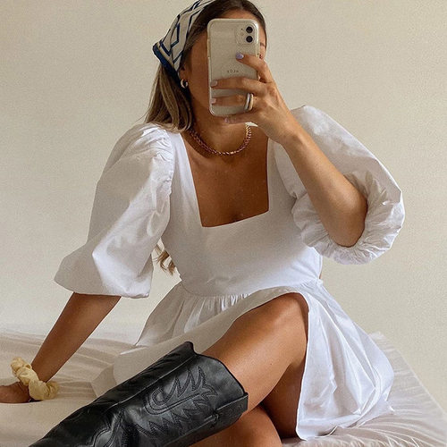 Allukasa white dress Puff sleeve princess sleeves one-neck