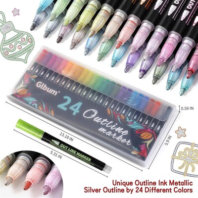 12-48 Colors Double Line Outline Metallic Highlighter Pens