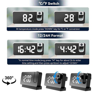 360 Projection Digital Alarm Clock LED Electronic Table Wa