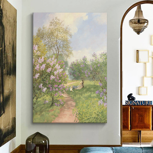 客厅春暖花开巨幅落地挂画玄关乡村田园风景手绘油画法式装饰壁画