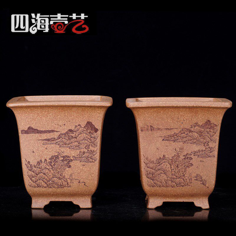 宜兴名家精品手工紫砂花盆兰花盆许成安原矿五彩段泥石韵刻绘装饰