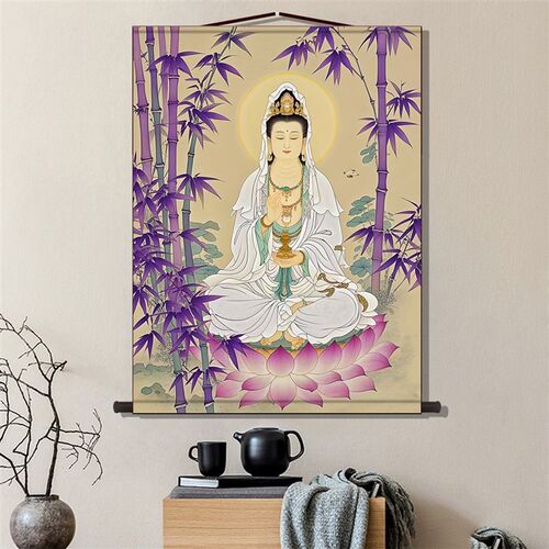 紫竹林中观自在普陀山中观世音菩萨画像 佛堂客厅卷轴挂画丝绸画