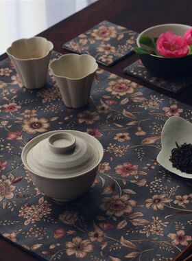 引之棉麻加厚复古印花小茶席布艺桌旗花卉茶垫油画民族风吸水茶布
