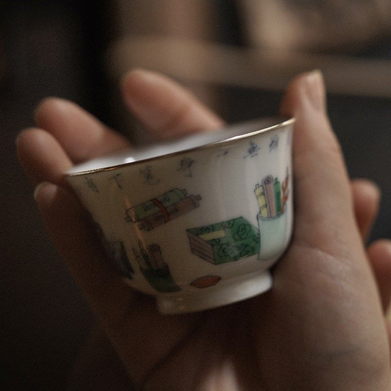 限[清斋]斗彩文房博古吾杯青花手绘包银口主人杯陶瓷茶杯弥云斋