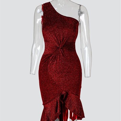 Glitter One Shoulder Twisted Ruffles Party Dress Red Sexy
