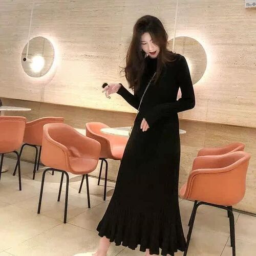 Knitted one-piece sweater dress women autumn winter high ela