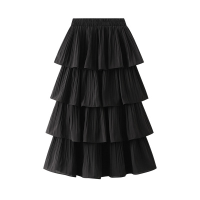 Summer Wooden Ear Stitching Pleated Big Swing Skirt Womens