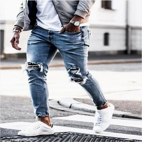 Denim Hole Mens Pants Slim-fit Slimming Sretch Trousers Men