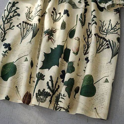 Beige Leaf Print Vintage Three Quarter Sleeve A-Line O-Neck
