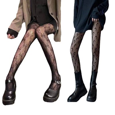 2-Piece Black Stockings Womens Sexy Moon Hollow Lace Butterf