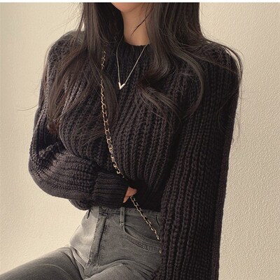 Korean-style Age-reducing Pink Puff Sleeve Soft Waxy Sweater
