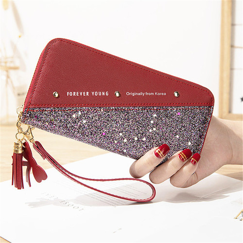 Fashion Womens Pu Leather Long Wallets Sequins Patchwork Gl