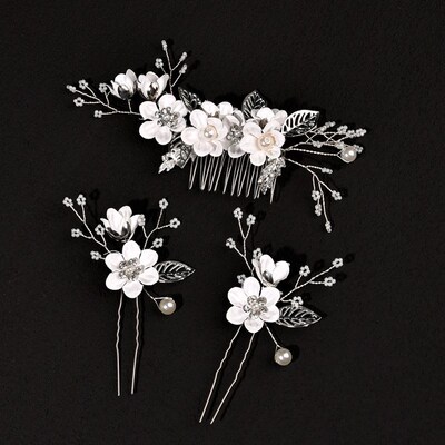 White Flower Pearls Hair s Wedding Head Comb Hairpins Hair C