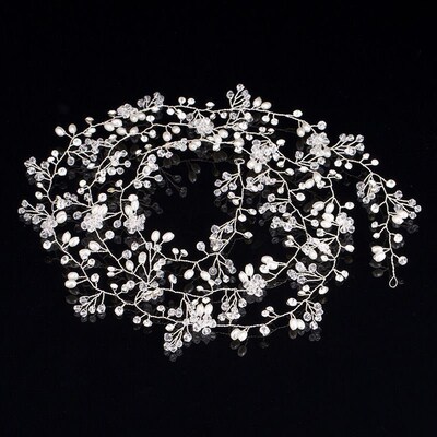 Long Crystal Pearl Headband Hair Band Bride Handmade Wedding