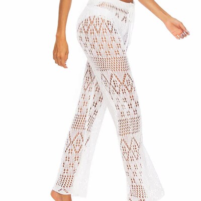 Women s Boho Crochet Knit Wide Leg Pants with Sheer Ruffle