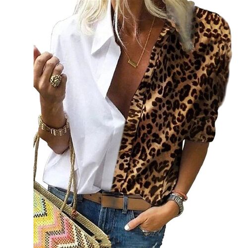 Office Lady Long Sleeve Leopard Patchwork Color Block Shirt