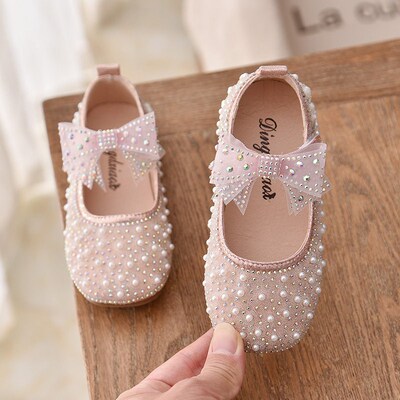 New Girls Single Princess Shoes Pearl Shallow Childrens Fla